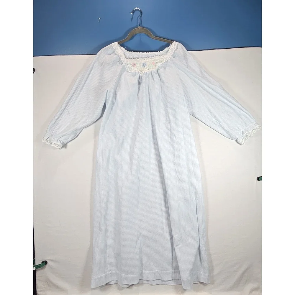 Vintage Katz Flannel Nightgown Blue Stripe Cotton Prairie Cottagecore Grannycore